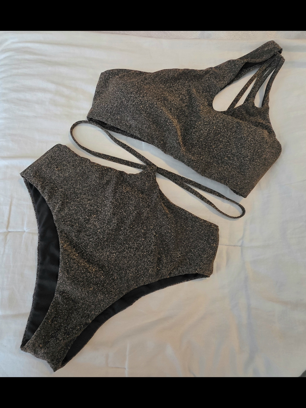 Leonisa 2-Pc Bikini  Metallic Chocolate Brown Gold Shimmer High Waist Swim Suit